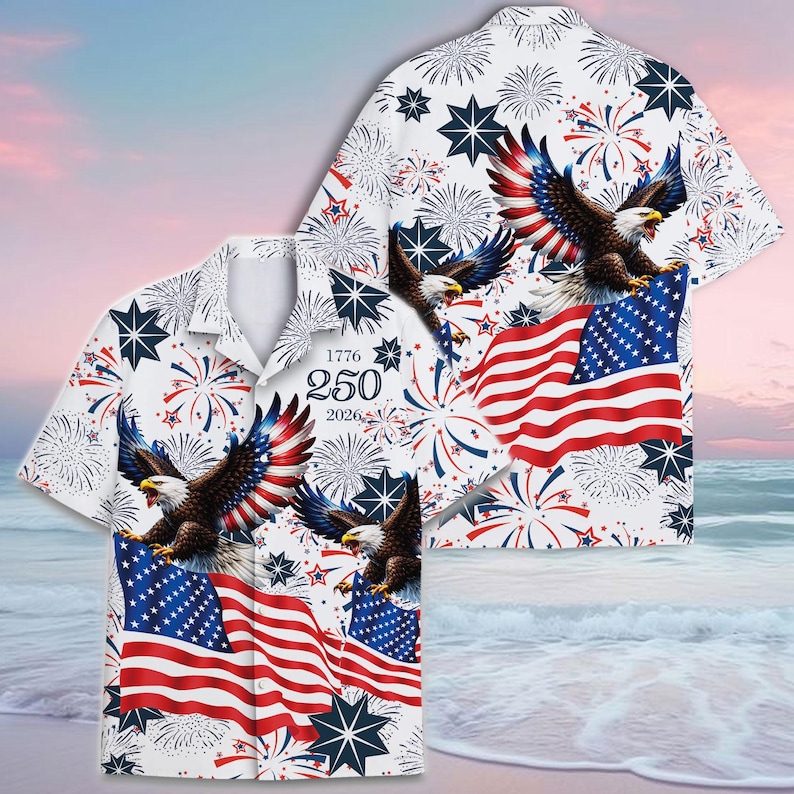 America 250 Hawaiian Shirt for Men & Women – 1776 2026 Eagle Fireworks Flag Shirt