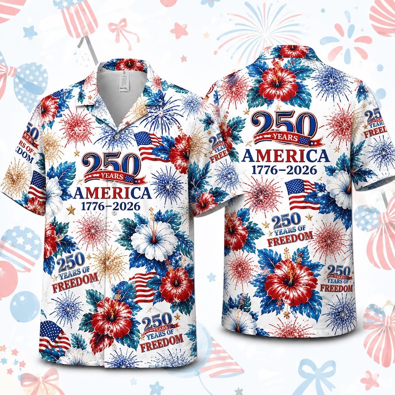 America 250 Hawaiian Shirt for Men & Women – 1776 2026 Floral Fireworks Patriotic Shirt