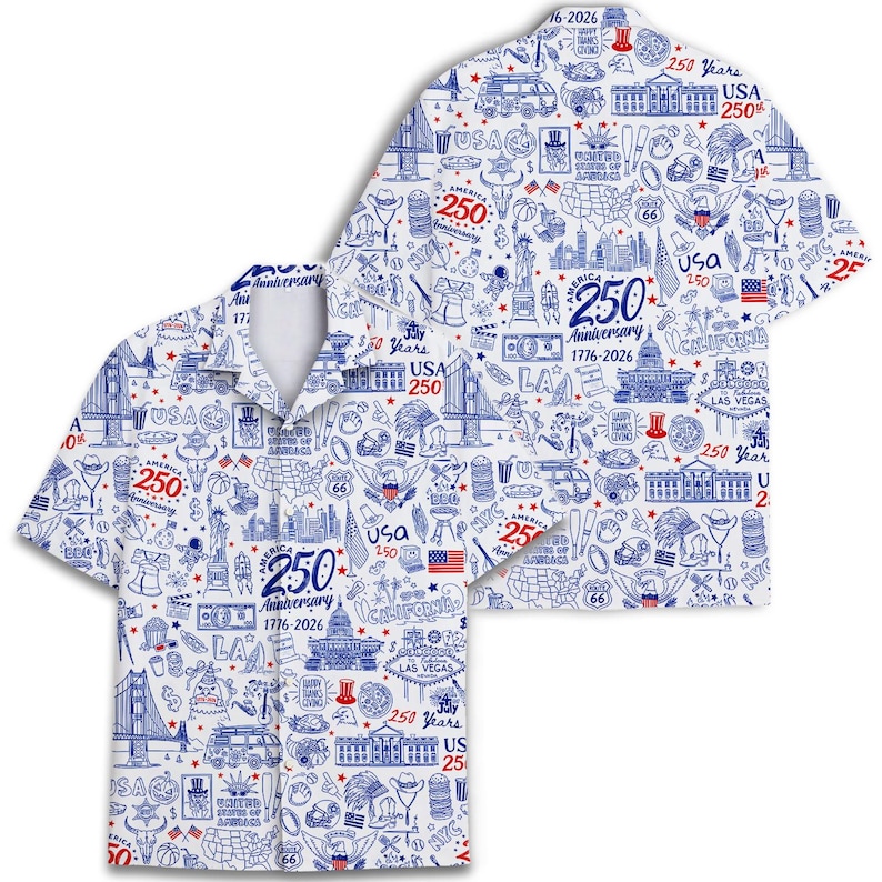 America 250 Hawaiian Shirt for Men & Women – 1776 2026 USA Doodle Patriotic Shirt