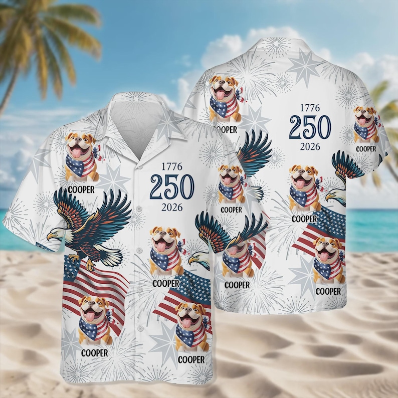 Personalized America 250 Hawaiian Shirt for Men & Women – Custom Dog Name Patriotic Shirt